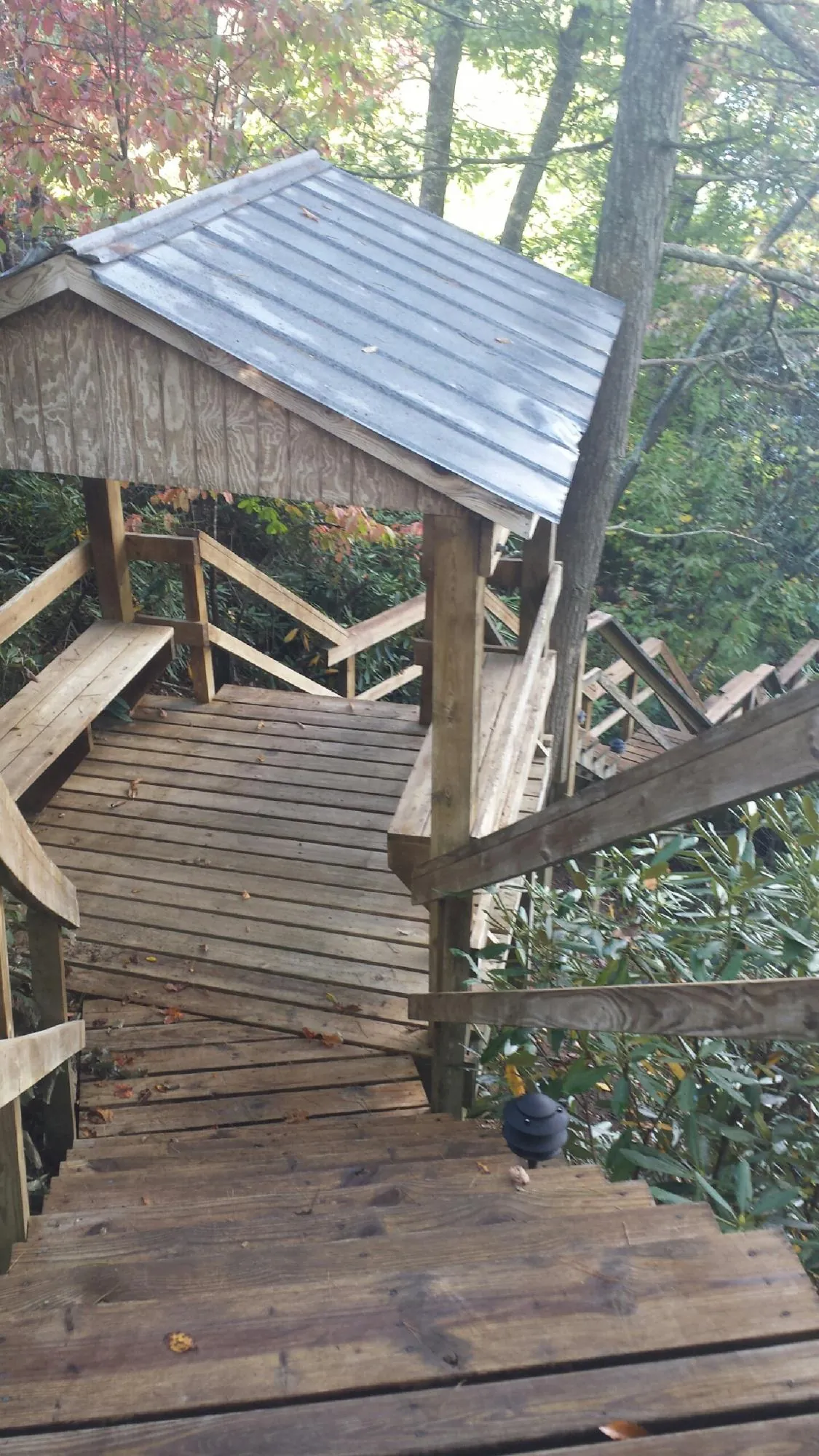 Metal roofed shelter over wooden steps on a wooded walkway — Skylight Repair & Installation work by our crew in Osyka